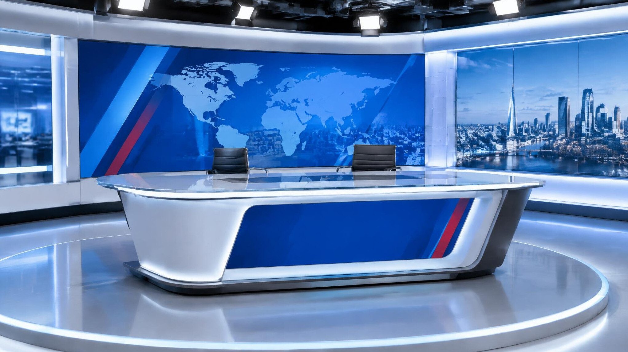 Television news programme set with presenters desk and graphics wall