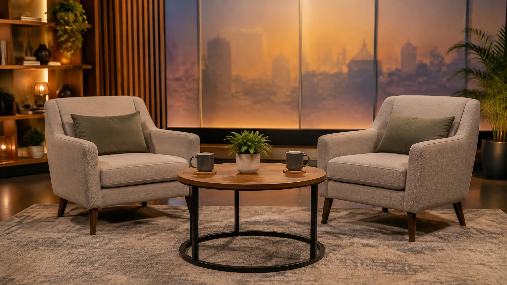 Two armchairs and a small table arranged as an interview set in a studio