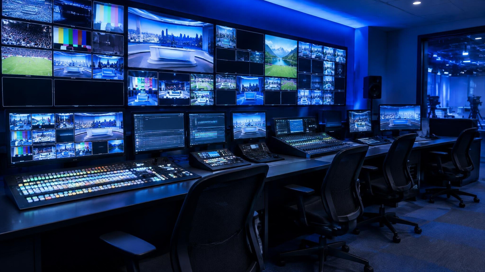 Production gallery with rows of monitors and mixing desks