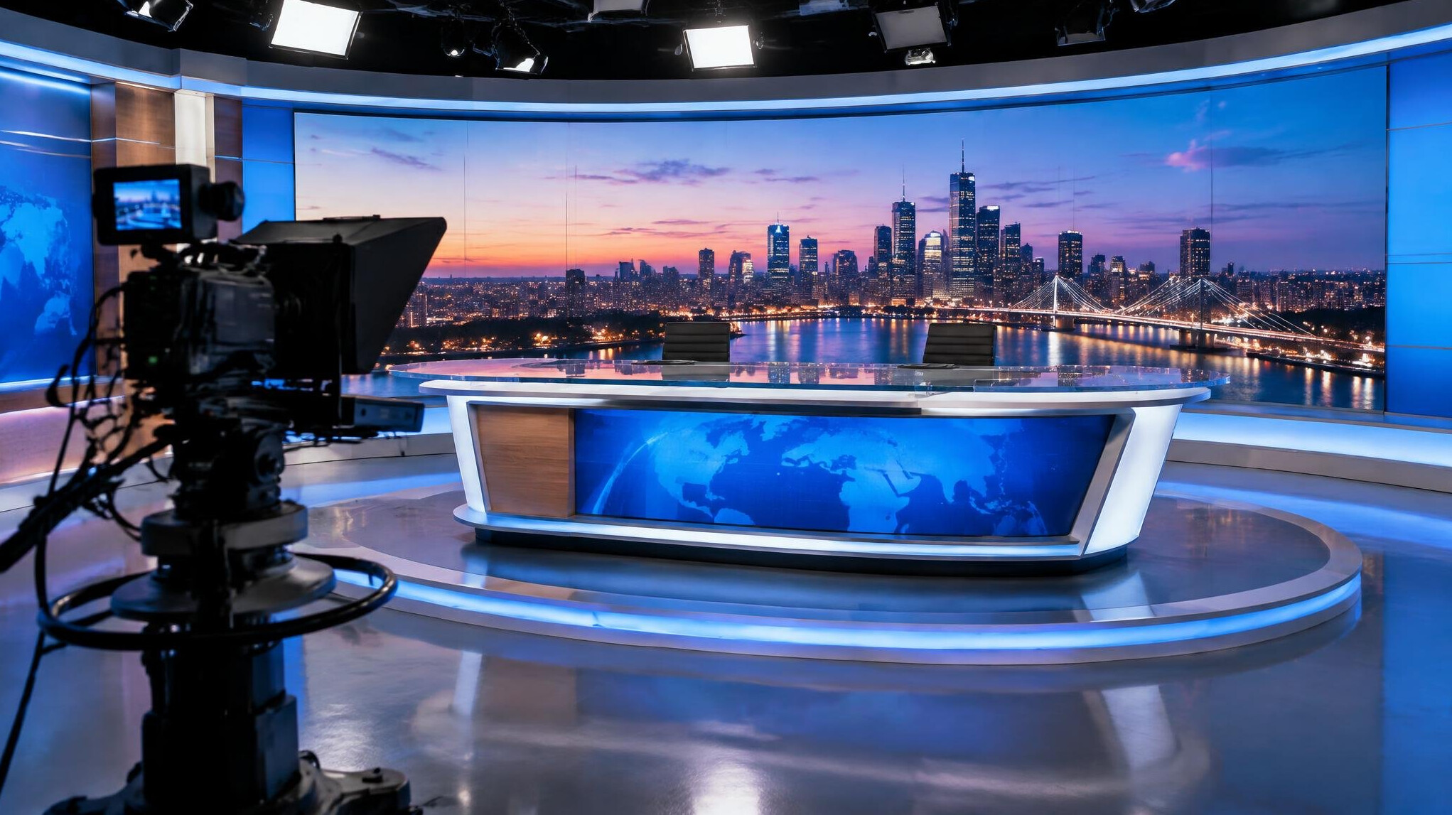 Wide view of a modern television news studio with a desk, large screens and soft lighting