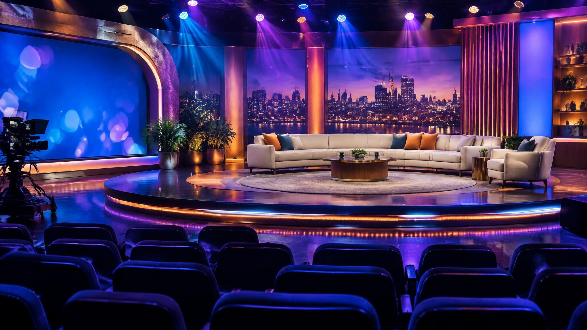 Live entertainment show stage with coloured lights and audience seating