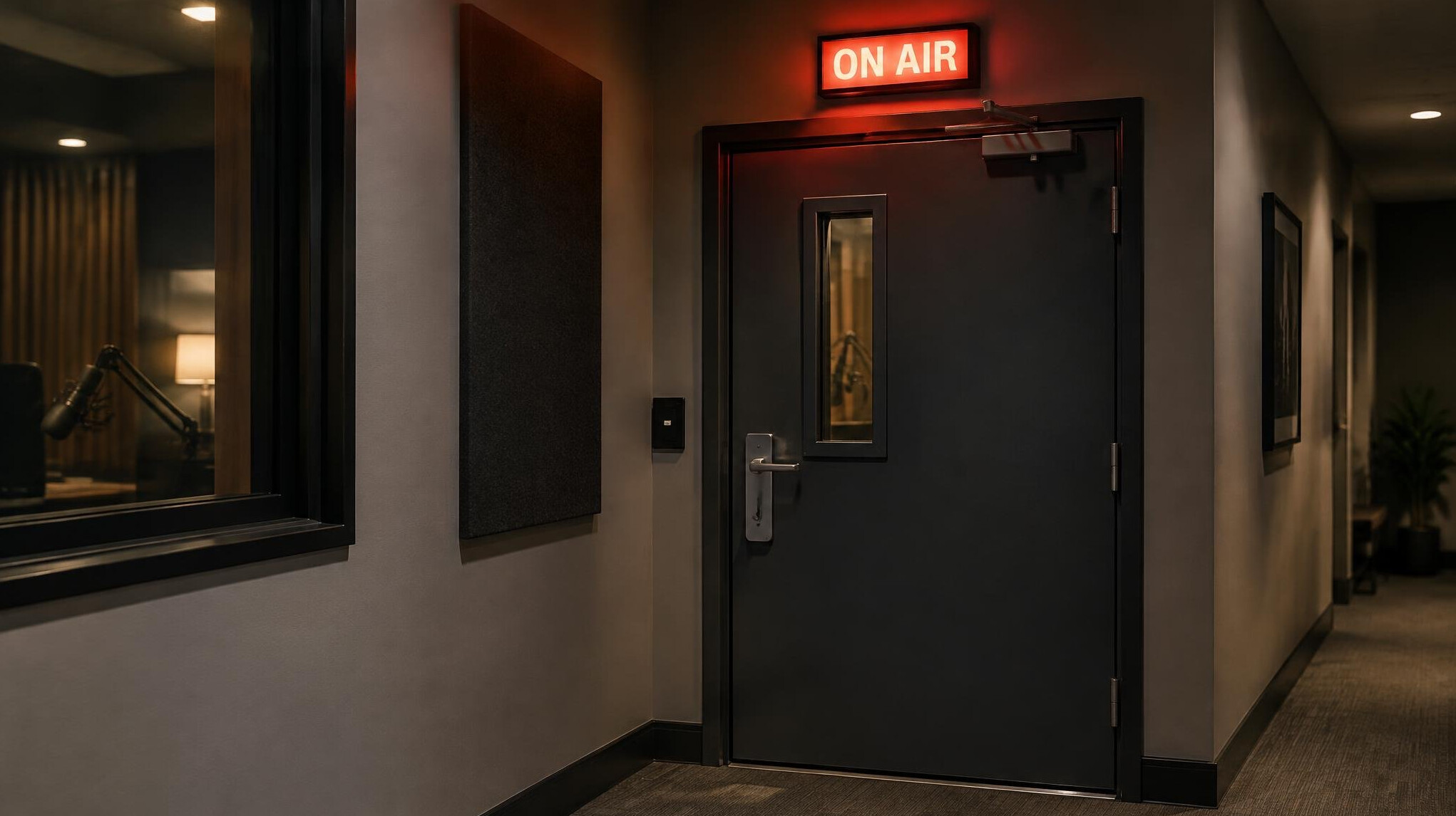 Studio corridor with an illuminated on-air sign above a soundproof door