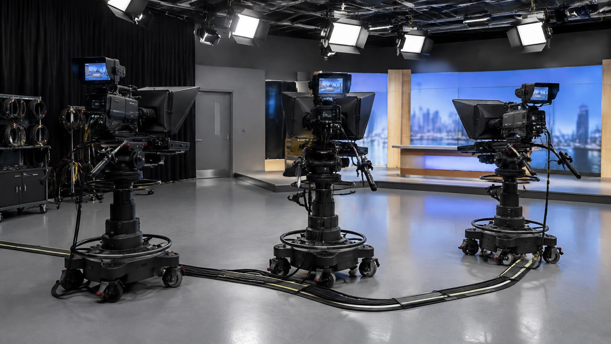 Several studio cameras lined up in a training studio for a multi-camera workshop