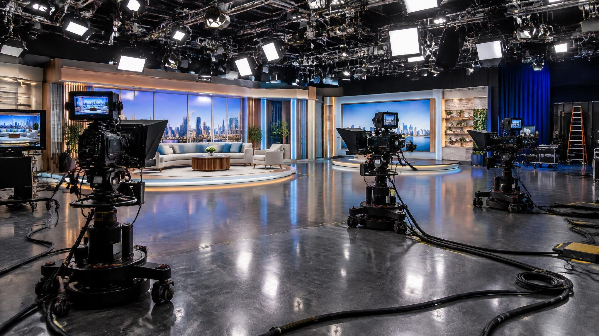 Large television studio floor with cameras, lighting rigs and set pieces