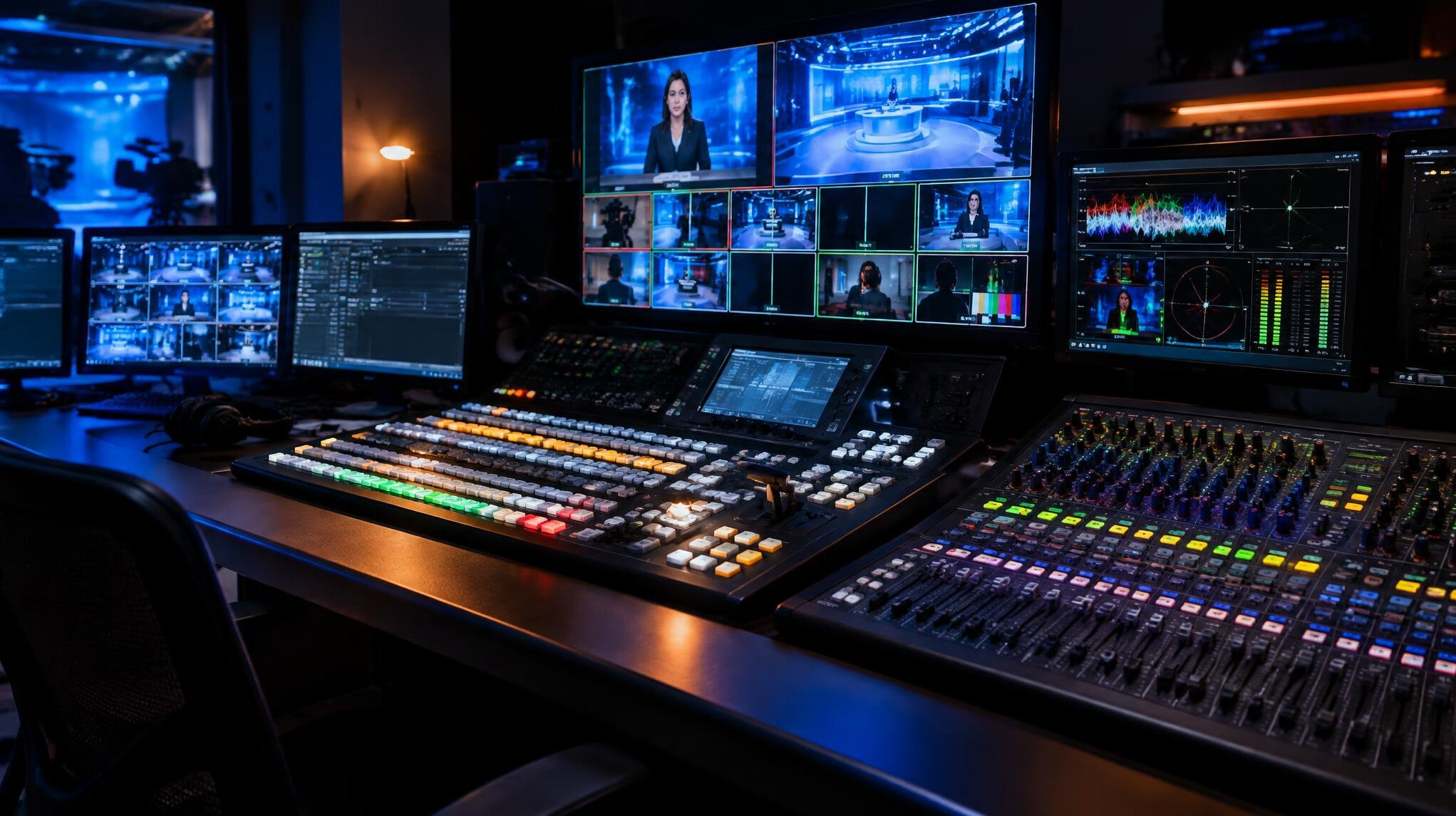 Vision mixer and audio mixing desk in a television gallery control room