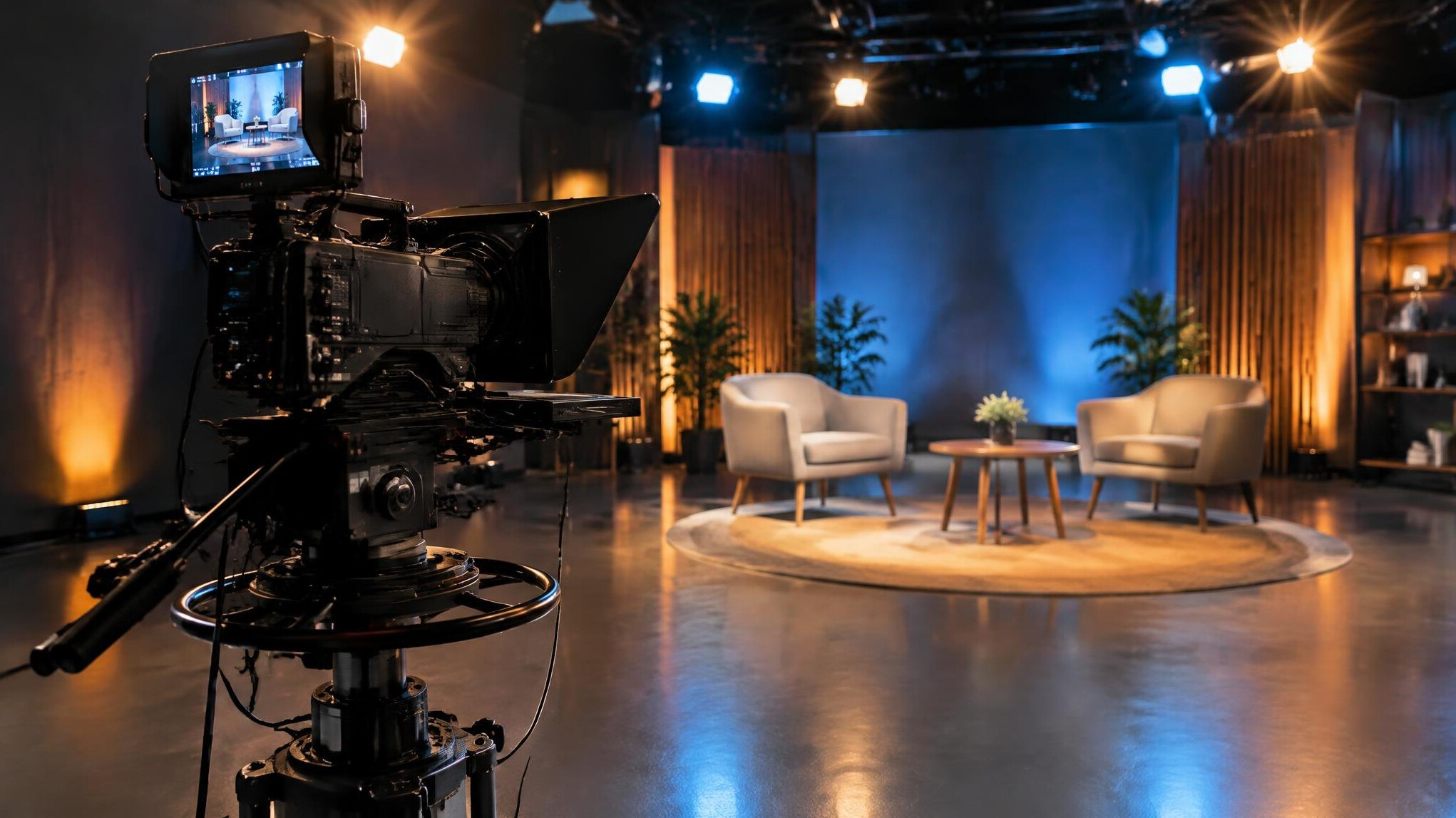 Studio camera on a pedestal framing an empty interview set